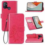 For One Plus Nord N100 Four-leaf Clasp Embossed Buckle Mobile Phone Protection Leather Case with Lanyard & Card Slot & Wallet & Bracket Function(Magenta)