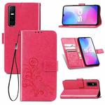 For vivo Y73S 5G Four-leaf Clasp Embossed Buckle Mobile Phone Protection Leather Case with Lanyard & Card Slot & Wallet & Bracket Function(Magenta)
