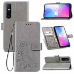 For vivo Y73S 5G Four-leaf Clasp Embossed Buckle Mobile Phone Protection Leather Case with Lanyard & Card Slot & Wallet & Bracket Function(Gray)