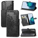 For Samsung Galaxy S21 5G Mandala Flower Embossed Horizontal Flip Leather Case with Holder & Three Card Slots & Wallet & Lanyard(Black)