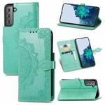 For Samsung Galaxy S21 5G Mandala Flower Embossed Horizontal Flip Leather Case with Holder & Three Card Slots & Wallet & Lanyard(Green)