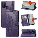 For OnePlus Nord N100 Mandala Flower Embossed Horizontal Flip Leather Case with Holder & Three Card Slots & Wallet & Lanyard(Purple)