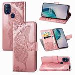 For OnePlus Nord N10 5G Butterfly Love Flower Embossed Horizontal Flip Leather Case with Bracket / Card Slot / Wallet / Lanyard(Rose Gold)
