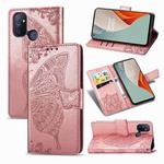 For OnePlus Nord N100 Butterfly Love Flower Embossed Horizontal Flip Leather Case with Bracket / Card Slot / Wallet / Lanyard(Rose Gold)