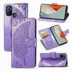 For OnePlus Nord N100 Butterfly Love Flower Embossed Horizontal Flip Leather Case with Bracket / Card Slot / Wallet / Lanyard(Light Purple)