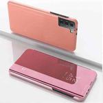 For Samsung Galaxy S21 5G Plated Mirror Horizontal Flip Leather Case with Holder(Rose Gold)