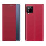 For Samsung Galaxy A12 5G Plain Texture Cloth Attraction Flip Holder Leather Phone Case(Red)