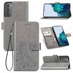 For Samsung Galaxy S21+ 5G Four-leaf Clasp Embossed Buckle Leather Case with Lanyard & Card Slots & Wallet & Holder (Grey)