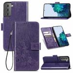 Four-leaf Clasp Embossed Buckle Mobile Phone Protection Leather Case with Lanyard & Card Slot & Wallet & Bracket Function For Samsung Galaxy S21 5G(Purple)