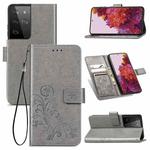 Four-leaf Clasp Embossed Buckle Mobile Phone Protection Leather Case with Lanyard & Card Slot & Wallet & Bracket Function For Samsung Galaxy S21 Ultra 5G(Grey)