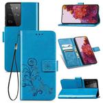 Four-leaf Clasp Embossed Buckle Mobile Phone Protection Leather Case with Lanyard & Card Slot & Wallet & Bracket Function For Samsung Galaxy S21 Ultra 5G(Blue)