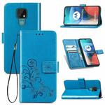 Four-leaf Clasp Embossed Buckle Mobile Phone Protection Leather Case with Lanyard & Card Slot & Wallet & Bracket Function For Motorola Moto E7(Blue)