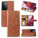 For Samsung Galaxy S21 Ultra 5G Retro Solid Color Leather Buckle Phone Case with Lanyard & Photo Frame & Card Slot & Wallet & Stand Function(Brown)