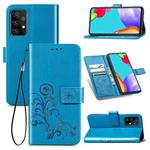 For Samsung Galaxy A52 5G / 4G Four-leaf Clasp Embossed Buckle Mobile Phone Protection Leather Case with Lanyard & Card Slot & Wallet & Bracket Function(Blue)