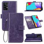 For Samsung Galaxy A72 5G / 4G Four-leaf Clasp Embossed Buckle Mobile Phone Protection Leather Case with Lanyard & Card Slot & Wallet & Bracket Function(Purple)