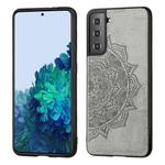 For Samsung Galaxy S21 5G Mandala Embossed Cloth Cover PC + TPU Mobile Phone Case with Magnetic Function and Hand Strap(Gray)