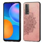 For Huawei Y7A / P Smart 2021 Mandala Embossed Cloth Cover PC + TPU Mobile Phone Case with Magnetic Function and Hand Strap(Rose Gold)