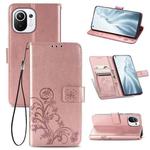 For Xiaomi Mi 11 Four-leaf Clasp Embossed Buckle Mobile Phone Protection Leather Case with Lanyard & Card Slot & Wallet & Bracket Function(Rose Gold)
