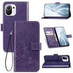 For Xiaomi Mi 11 Four-leaf Clasp Embossed Buckle Mobile Phone Protection Leather Case with Lanyard & Card Slot & Wallet & Bracket Function(Purple)