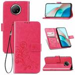For Xiaomi Redmi Note 9 5G Four-leaf Clasp Embossed Buckle Mobile Phone Protection Leather Case with Lanyard & Card Slot & Wallet & Bracket Function(Magenta)