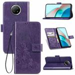 For Xiaomi Redmi Note 9 5G Four-leaf Clasp Embossed Buckle Mobile Phone Protection Leather Case with Lanyard & Card Slot & Wallet & Bracket Function(Purple)