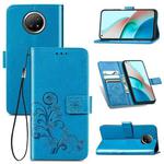 For Xiaomi Redmi Note 9 5G Four-leaf Clasp Embossed Buckle Mobile Phone Protection Leather Case with Lanyard & Card Slot & Wallet & Bracket Function(Blue)