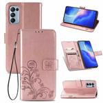 For OPPO Reno5 5G Four-leaf Clasp Embossed Buckle Leather Phone Case with Lanyard & Card Slot & Wallet & Holder(Rose Gold)