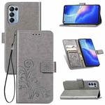 For OPPO Reno5 5G Four-leaf Clasp Embossed Buckle Leather Phone Case with Lanyard & Card Slot & Wallet & Holder(Gray)
