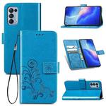 For OPPO Reno5 5G Four-leaf Clasp Embossed Buckle Leather Phone Case with Lanyard & Card Slot & Wallet & Holder(Blue)