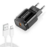 LZ-023 18W QC 3.0 USB Portable Travel Charger + 3A USB to 8 Pin Data Cable, EU Plug(Black)