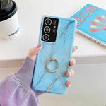 Four Corners Anti-Shattering Gold Marble IMD Phone Case with Metal Rhinestone Ring Holder For Samsung Galaxy S21 Plus 5G(Sky Blue LQ8)