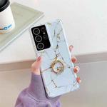 Four Corners Anti-Shattering Gold Marble IMD Phone Case with Metal Rhinestone Ring Holder For Samsung Galaxy S21 5G(White LQ2)