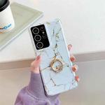 Four Corners Anti-Shattering Gold Marble IMD Phone Case with Metal Rhinestone Ring Holder For Samsung Galaxy Note20 Ultra(White LQ2)