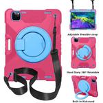 For iPad Pro 11 (2018/2020) PC + Silicone Shockproof Combination Tablet Case with 360 Degree Rotating Holder & Handle & Shoulder Strap(RoseRed+Blue)