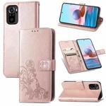 For Xiaomi Redmi Note 10 4G Four-leaf Clasp Embossed Buckle Mobile Phone Protection Leather Case with Lanyard & Card Slot & Wallet & Bracket Function(Rose Gold)