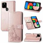 For Google Pixel 5A Four-leaf Clasp Embossed Buckle Mobile Phone Protection Leather Case with Lanyard & Card Slot & Wallet & Bracket Function(Rose Gold)
