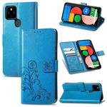 For Google Pixel 5A Four-leaf Clasp Embossed Buckle Mobile Phone Protection Leather Case with Lanyard & Card Slot & Wallet & Bracket Function(Blue)