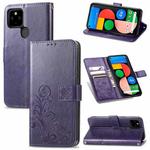 For Google Pixel 5A Four-leaf Clasp Embossed Buckle Mobile Phone Protection Leather Case with Lanyard & Card Slot & Wallet & Bracket Function(Purple)