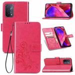 For OPPO A93 5G Four-leaf Clasp Embossed Buckle Mobile Phone Protection Leather Case with Lanyard & Card Slot & Wallet & Bracket Function(Rose Red)