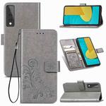 For LG Stylo 7 Four-leaf Clasp Embossed Buckle Mobile Phone Protection Leather Case with Lanyard & Card Slot & Wallet & Bracket Function(Grey)