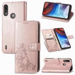 For Motorola E7 Power Four-leaf Clasp Embossed Buckle Mobile Phone Protection Leather Case with Lanyard & Card Slot & Wallet & Bracket Function(Rose Gold)