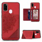 For Samsung Galaxy M21 Mandala Embossed Magnetic Cloth PU+TPU+PC Case with Holder & Card Slots & Wallet & Photo Frame(Red)