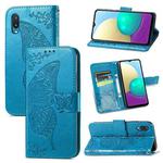 For Samsung Galaxy A02 Butterfly Love Flower Embossed Horizontal Flip Leather Case with Bracket & Card Slot & Wallet & Lanyard(Blue)