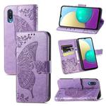 For Samsung Galaxy A02 Butterfly Love Flower Embossed Horizontal Flip Leather Case with Bracket & Card Slot & Wallet & Lanyard(Light Purple)
