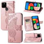 For Google Pixel 5A Butterfly Love Flower Embossed Horizontal Flip Leather Case with Bracket & Card Slot & Wallet & Lanyard(Rose Gold)