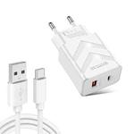LZ-715 20W PD + QC 3.0 Dual-port Fast Charge Travel Charger with USB to Type-C Data Cable, EU Plug(White)