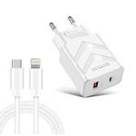 LZ-715 20W PD + QC 3.0 Dual Ports Fast Charging Travel Charger with USB-C / Type-C to 8 Pin Data Cable, EU Plug(White)