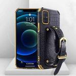 For Samsung Galaxy S20 FE Electroplated TPU Crocodile Pattern Leather Case with Wrist Strap(Black)