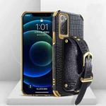 For Samsung Galaxy Note20 Electroplated TPU Crocodile Pattern Leather Case with Wrist Strap(Black)