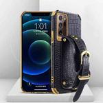 For Samsung Galaxy Note20 Ultra Electroplated TPU Crocodile Pattern Leather Case with Wrist Strap(Black)